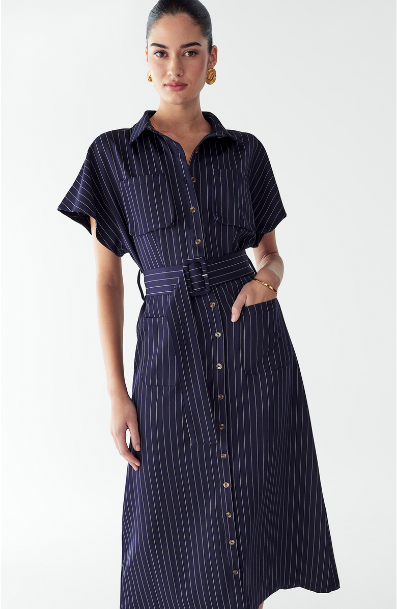 WILLA Wichita Midi Dress, Alternate, color, Navy Pinstripe