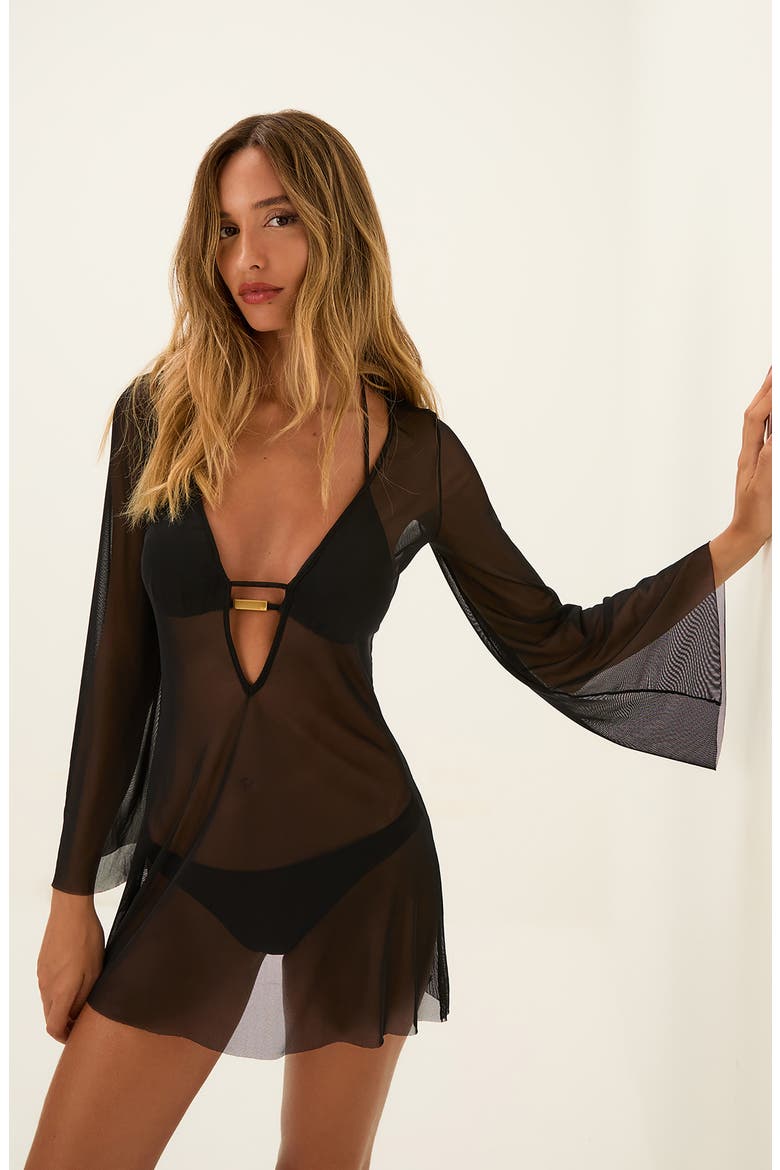 Lidi Long Sleeve Mesh Cover-Up Minidress, Alternate, color, BLACK