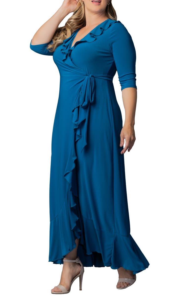 Kiyonna Maritime Ruffle Wrap Maxi Dress, Alternate, color, Aegean Blue
