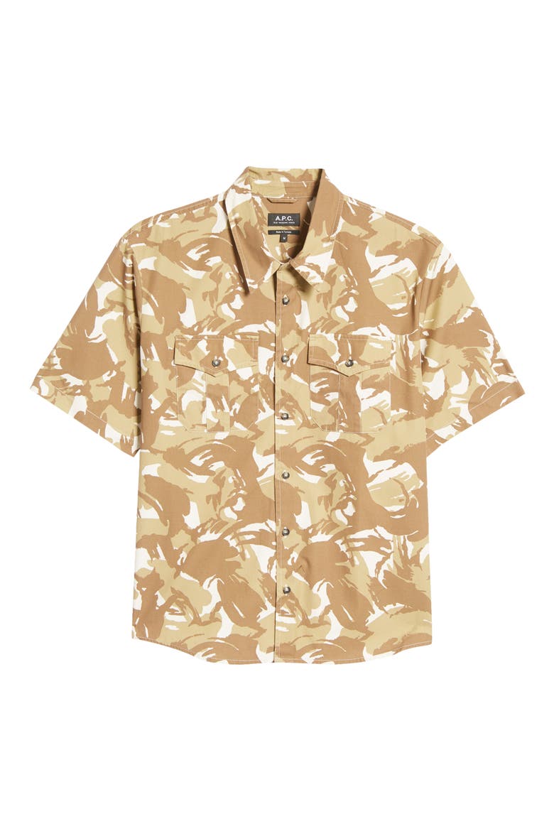 Joey Print Short Sleeve Button-Up Shirt, Alternate, color, SAND