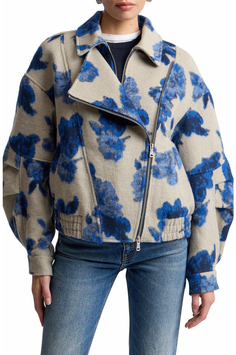 Floral Jacquard Layered Bomber Jacket, Main, color, ASH / ROYAL BLUE FLORAL