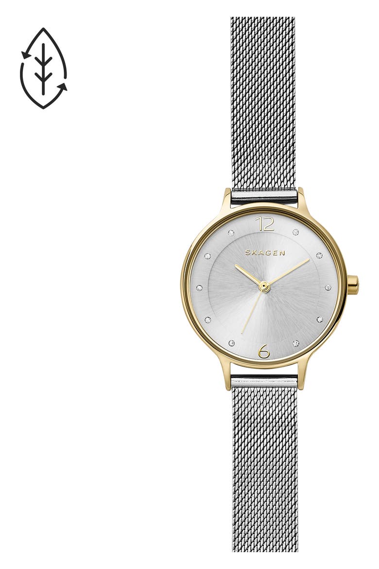 'Anita' Crystal Index Mesh Strap Watch, 30mm, Alternate, color, SILVER/ GOLD