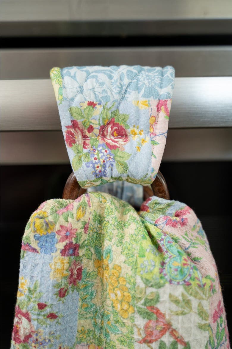 Garden Collage Patchwork Tea Towel + Set Of 3 Wooden Loop Hangers, Alternate, color, Green