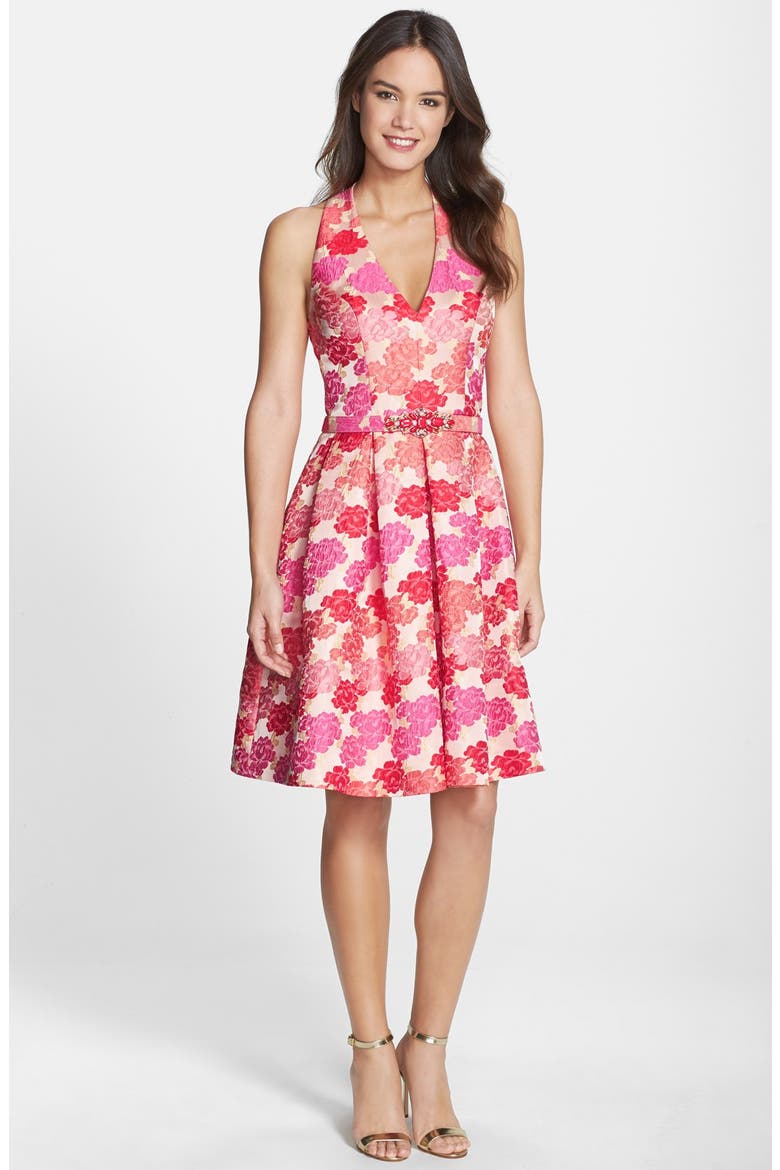 Embellished Jacquard Fit & Flare Dress, Alternate, color, CORAL