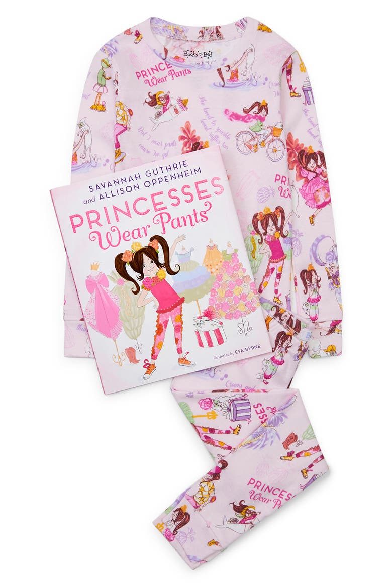 Princesses Wear Pants Fitted Two-Piece Pajamas & Book Set, Main, color, PINK
