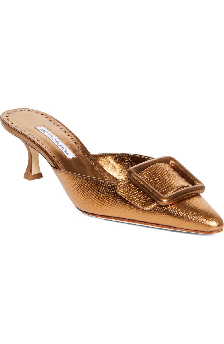 Manolo Blahnik Maysale Buckle Lizard Embossed Metallic Pointed Toe Kitten Heel Mule, Main, color, Bronze