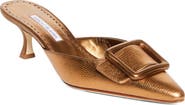 Manolo Blahnik Maysale Buckle Lizard Embossed Metallic Pointed Toe Kitten Heel Mule