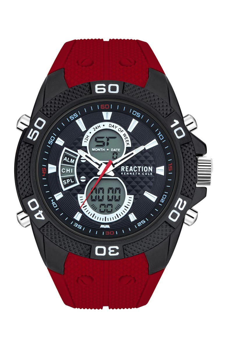 Kenneth Cole Reaction Men's Black Dial Ana-Digit Movement Silicone Watch, 50mm, Main, color, 