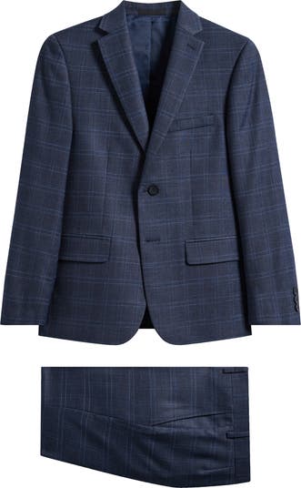 Kids' Skinny Fit Navy Plaid Suit