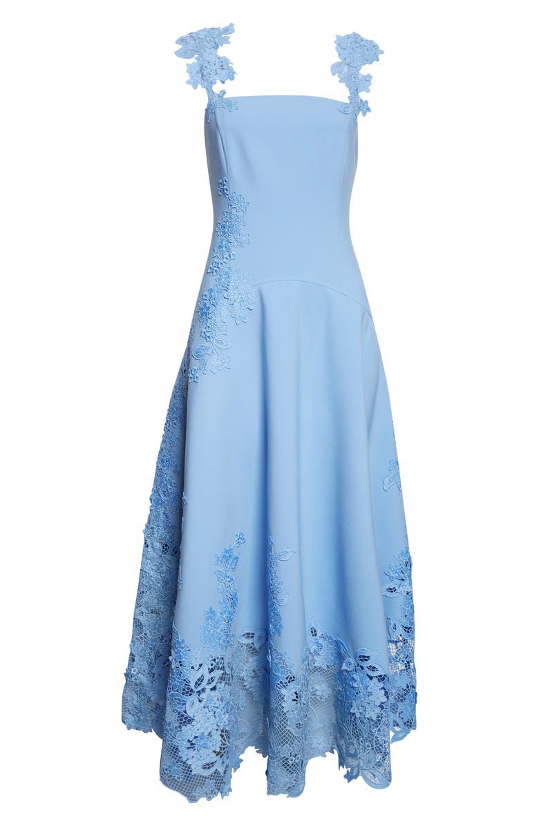 Oscar de la Renta Porcelain Flower Guipure Lace & Wool Blend Stretch Crepe Dress, Main, color, Hydrangea