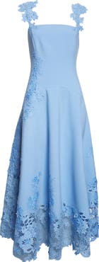 Oscar de la Renta Porcelain Flower Guipure Lace & Wool Blend Stretch Crepe Dress