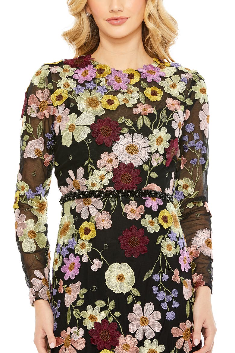Embroidered Appliqué Long Sleeve Mesh Gown, Alternate, color, BLACK MULTI