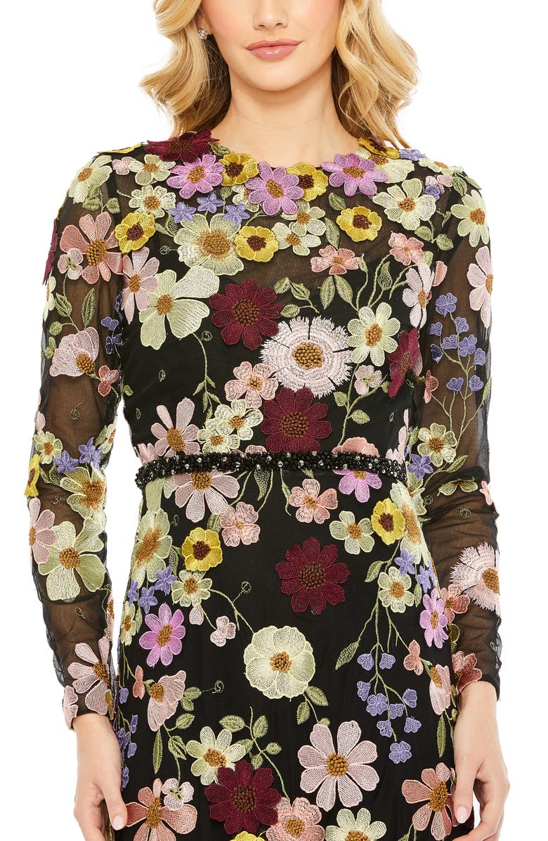 Mac Duggal Embroidered Appliqué Long Sleeve Mesh Gown, Alternate, color,