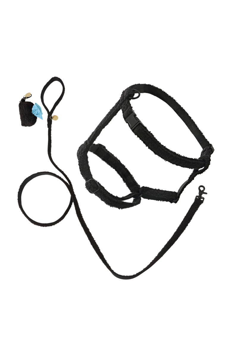 The Licker Store Teddy Bouclé Adjustable H Harness and Leash Walk Set with Poop Bag Pouch, Main, color, Black