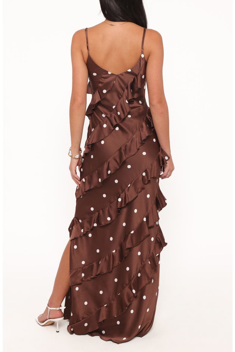 Ciao Floral Ruffle Satin Maxi Dress, Alternate, color, BROWN POLKA DOT