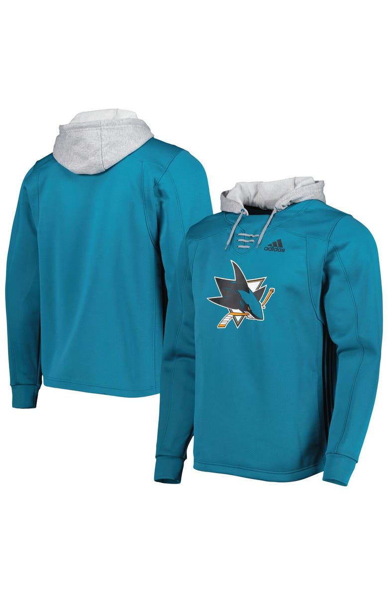 adidas Men's adidas Teal San Jose Sharks Skate Lace Primeblue Team Pullover Hoodie, Main, color, 