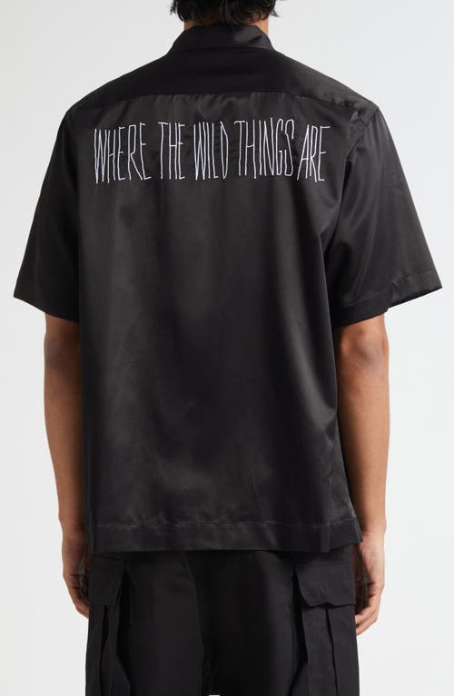 Sacai Where The Wild Things Are Embroidered Satin Camp Shirt In Black
