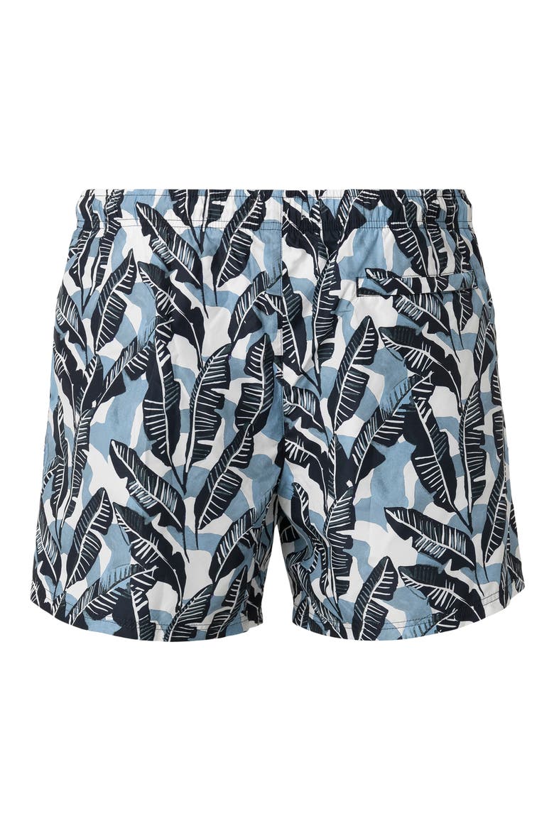 Tropical Leaf Print Swim Trunks, Alternate, color, BLACK