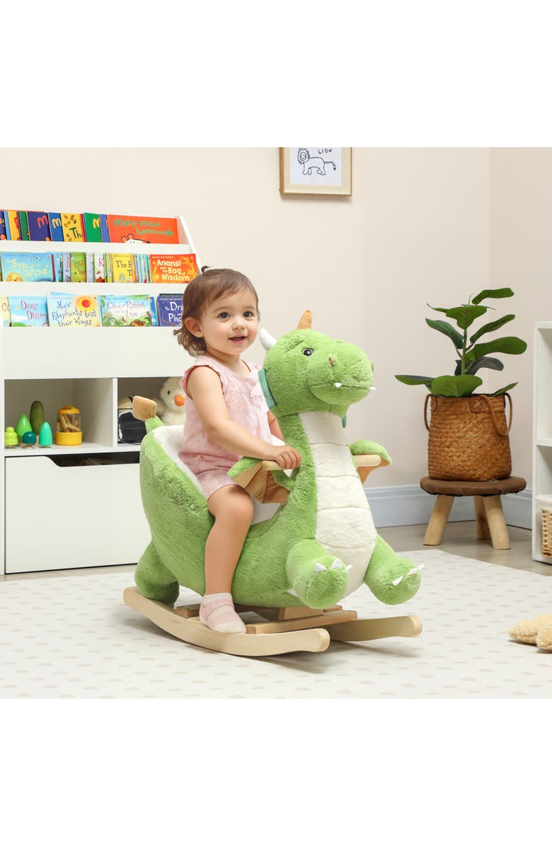 Qaba Baby Rocking Horse Ride Dinosaur Kids Ride On Toy with Realistic Sound and Safety Belt Plush Animal Rocker for Kids, Alternate, color, Green