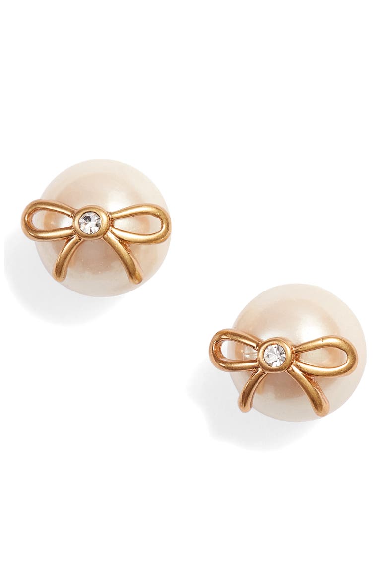 bow pearly bead stud earrings, Main, color, CREAM