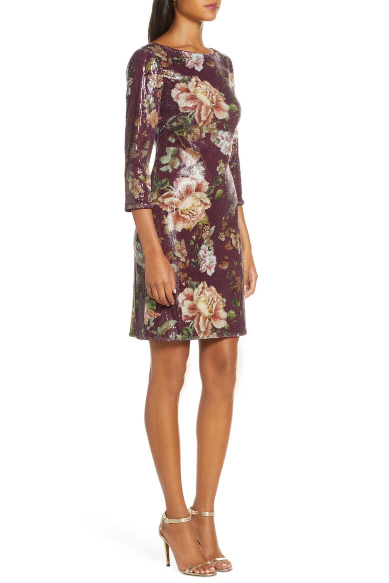 Floral Sequin Shift Dress, Alternate, color, WINE MULTI