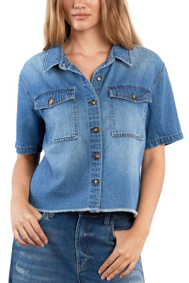 Emily Frayed Short Sleeve Denim Button-Up Shirt, Main, color, SHINE BLUE