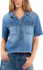 HINT OF BLU Emily Frayed Short Sleeve Denim Button-Up Shirt
