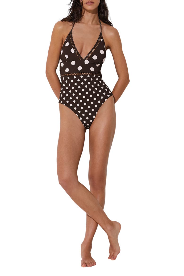 Ray Polka Dot Cutout One-Piece Swimsuit, Alternate, color, CHOCOLATE BROWN