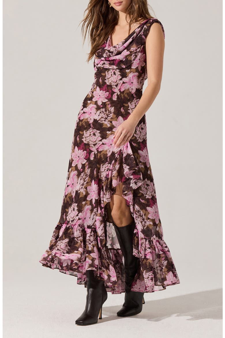 Cecelia Floral Cowl Neck Sleeveless Maxi Dress, Main, color, BROWN PINK FLORAL