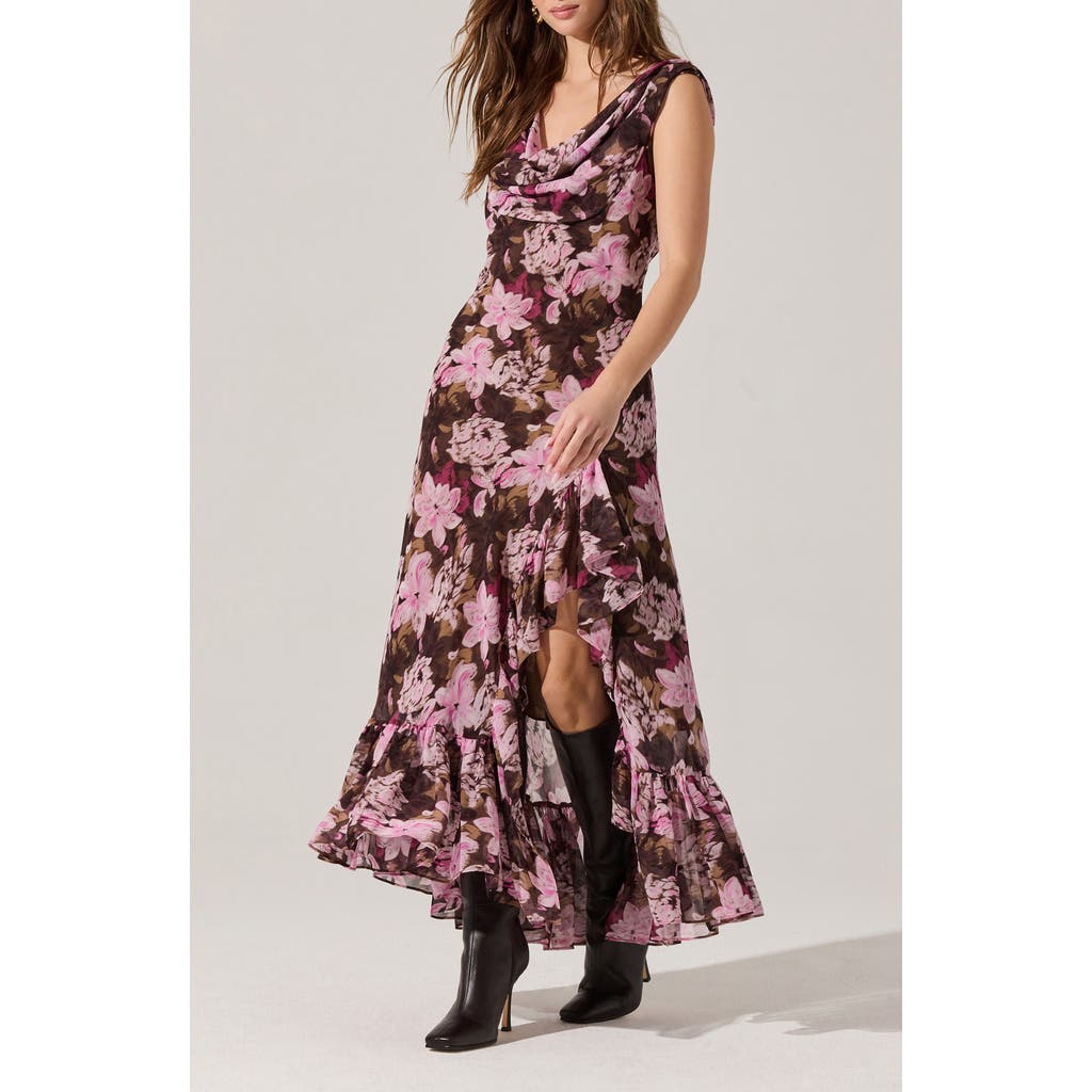 Astr The Label Cecelia Floral Cowl Neck Sleeveless Maxi Dress In Gray