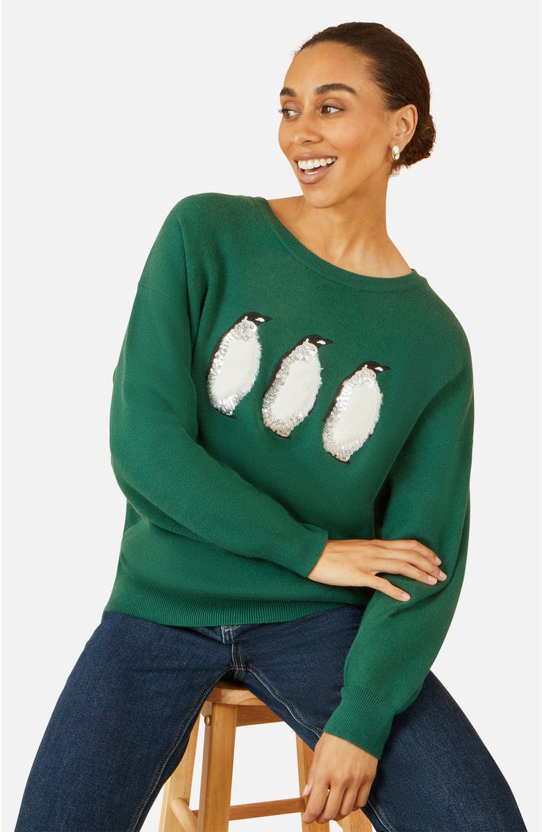 Yumi Festive Penguin Knitted Sweater, Alternate, color, Green
