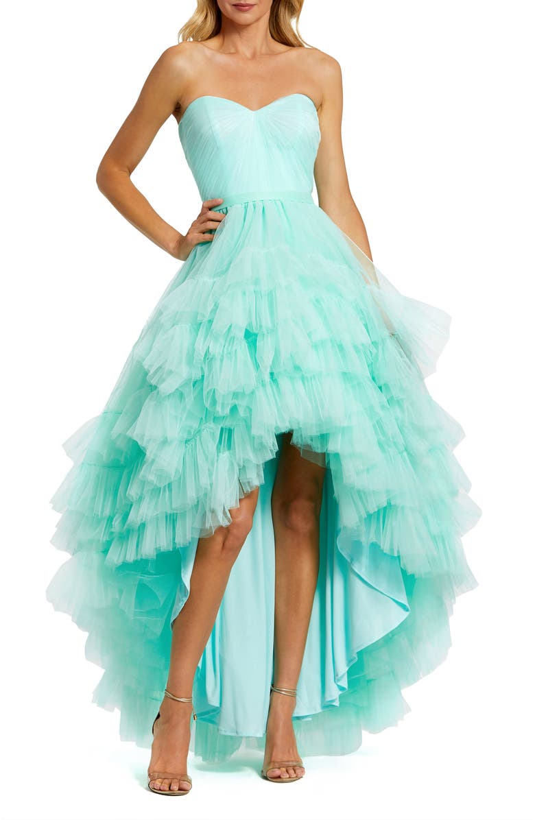Mac Duggal Strapless Ruched Sweetheart Ruffle High Low Gown, Main, color, Aqua