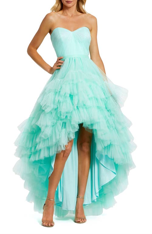 Mac Duggal Strapless Ruched Sweetheart Ruffle High Low Gown In Aqua