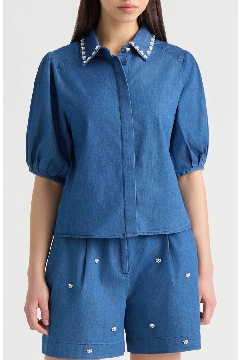 Embellished Puff Sleeve Top, Main, color, DENIM BLUE