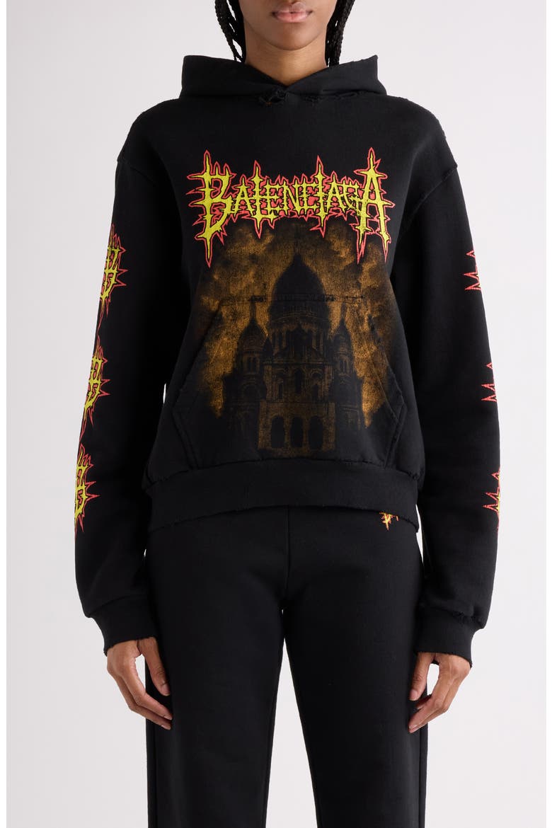 Medium Fit Distressed Sacré Couer Graphic Hoodie, Main, color, 1000 BLACK