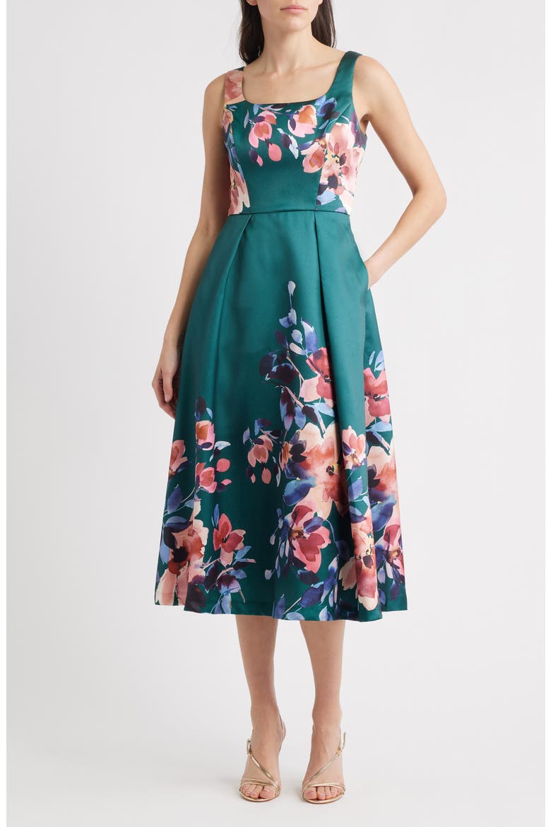 Pleated Fit & Flare Sleeveless Cocktail Midi Dress, Main, color, GREEN MULTI