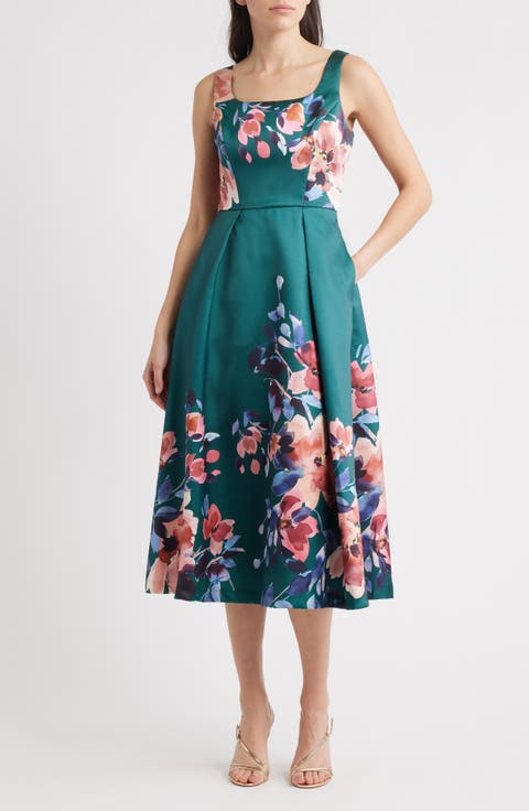 Pleated Fit & Flare Sleeveless Cocktail Midi Dress