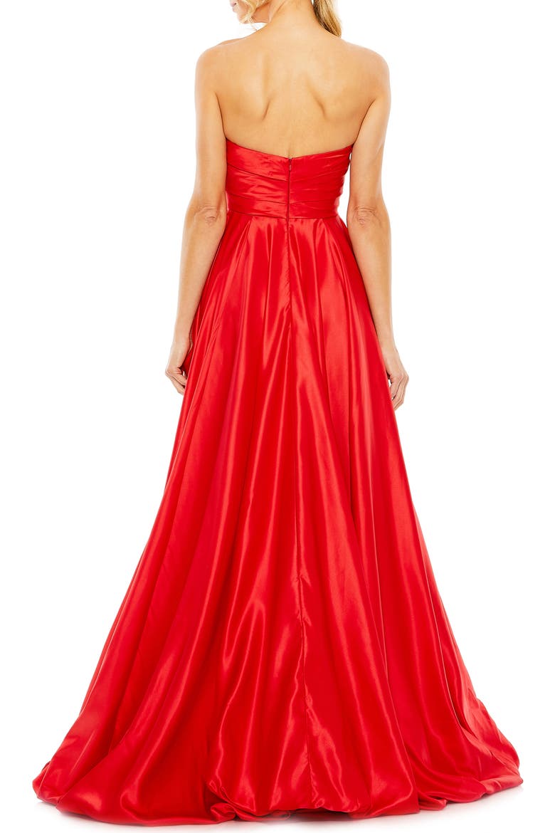 Asymmetrical High Low Strapless Ruched Gown, Alternate, color, RED