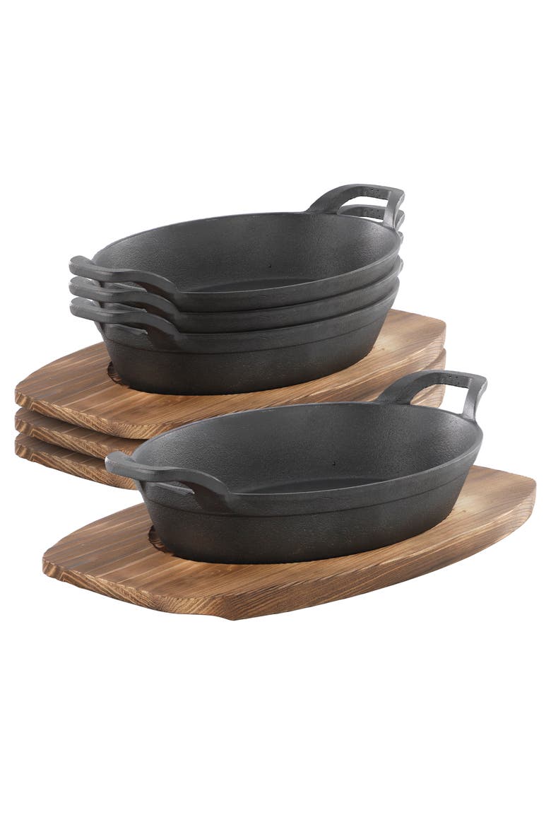 4 Piece Mini Cast Iron Oval Pan with Wood Tray Set, Main, color, Black