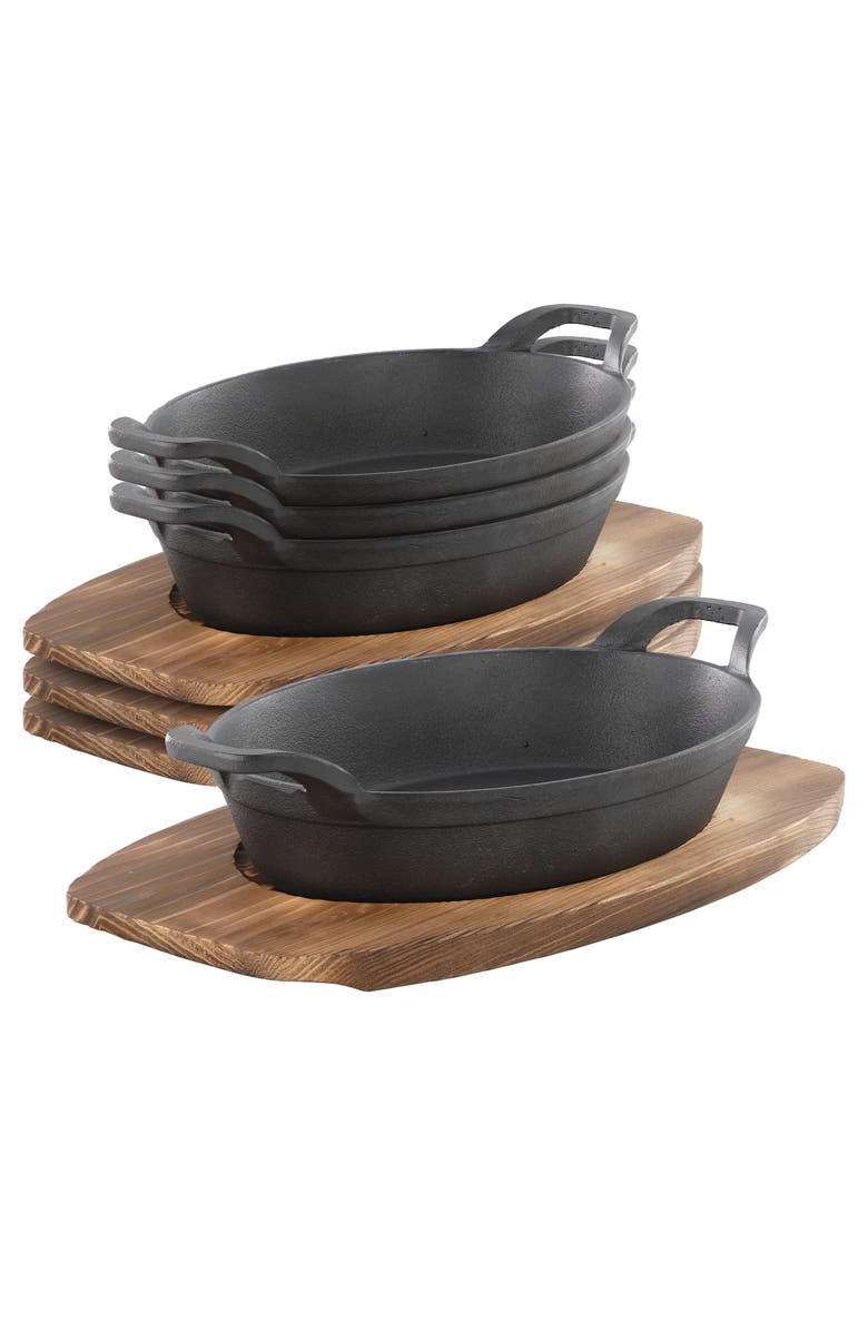 Megachef 4 Piece Mini Cast Iron Oval Pan with Wood Tray Set, Main, color, Black
