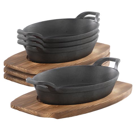 4 Piece Mini Cast Iron Oval Pan with Wood Tray Set