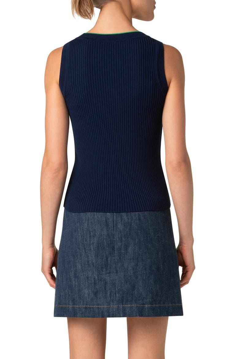 Piped Scoop Neck Virgin Merino Wool Rib Sweater Tank, Alternate, color, NAVY-SEA GREEN