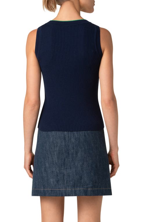 Akris Punto Piped Scoop Neck Virgin Merino Wool Rib Sweater Tank In Navy-sea Green