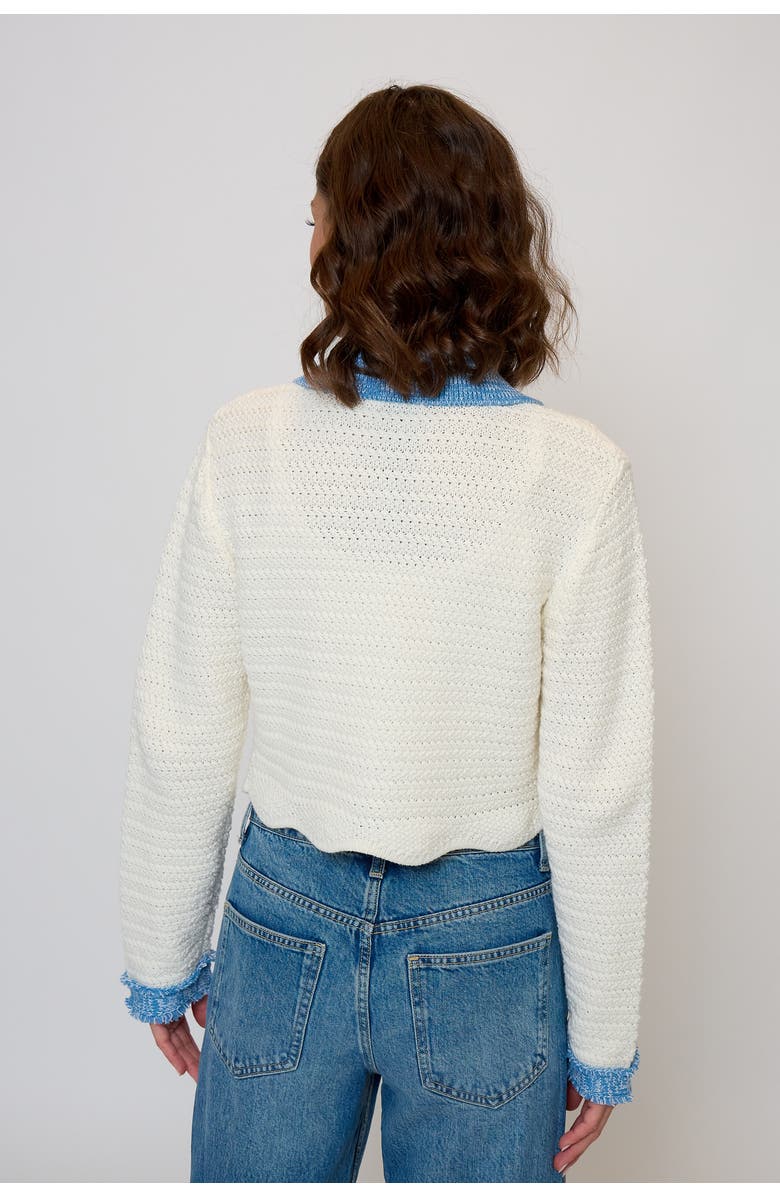 Central Park West Women
s Rose Scallop Edge Sweater, Alternate, color, Denim/White