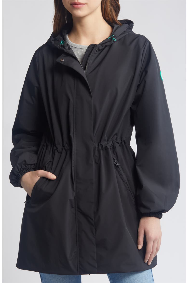 Fleur Water Resistant Hooded Raincoat, Main, color, BLACK