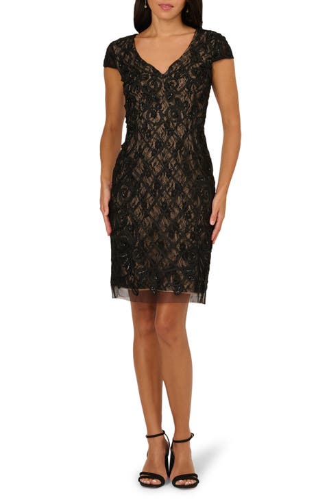Beaded Soutache Sheer Lace Overlay Sheath Cocktail Dress