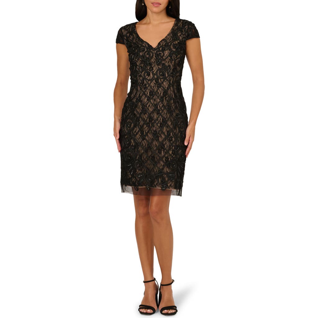 Adrianna Papell Beaded Soutache Sheer Lace Overlay Sheath Cocktail Dress In Multi
