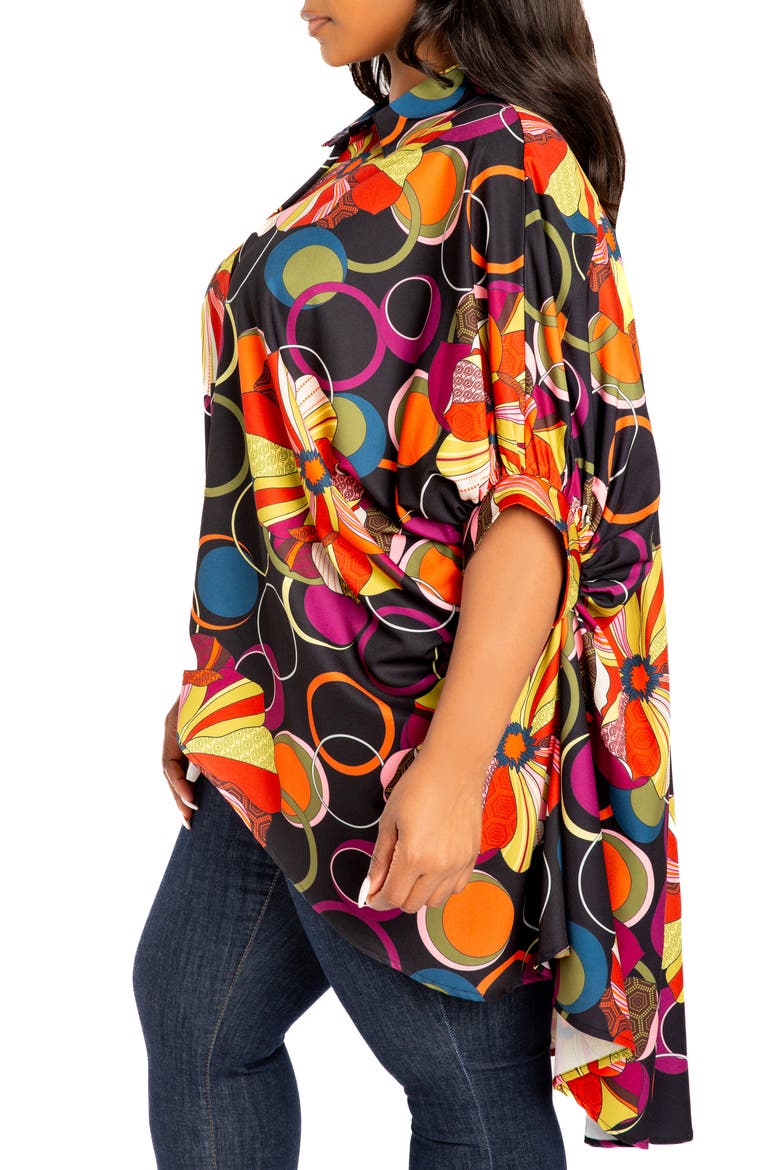 Mixed Geo Print High-Low Button-Up Shirt, Alternate, color, BLACK MULTI