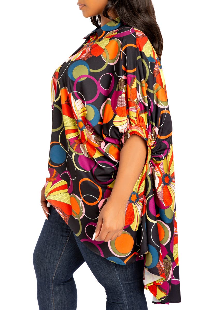 BUXOM COUTURE Mixed Geo Print High-Low Button-Up Shirt, Alternate, color, Black Multi