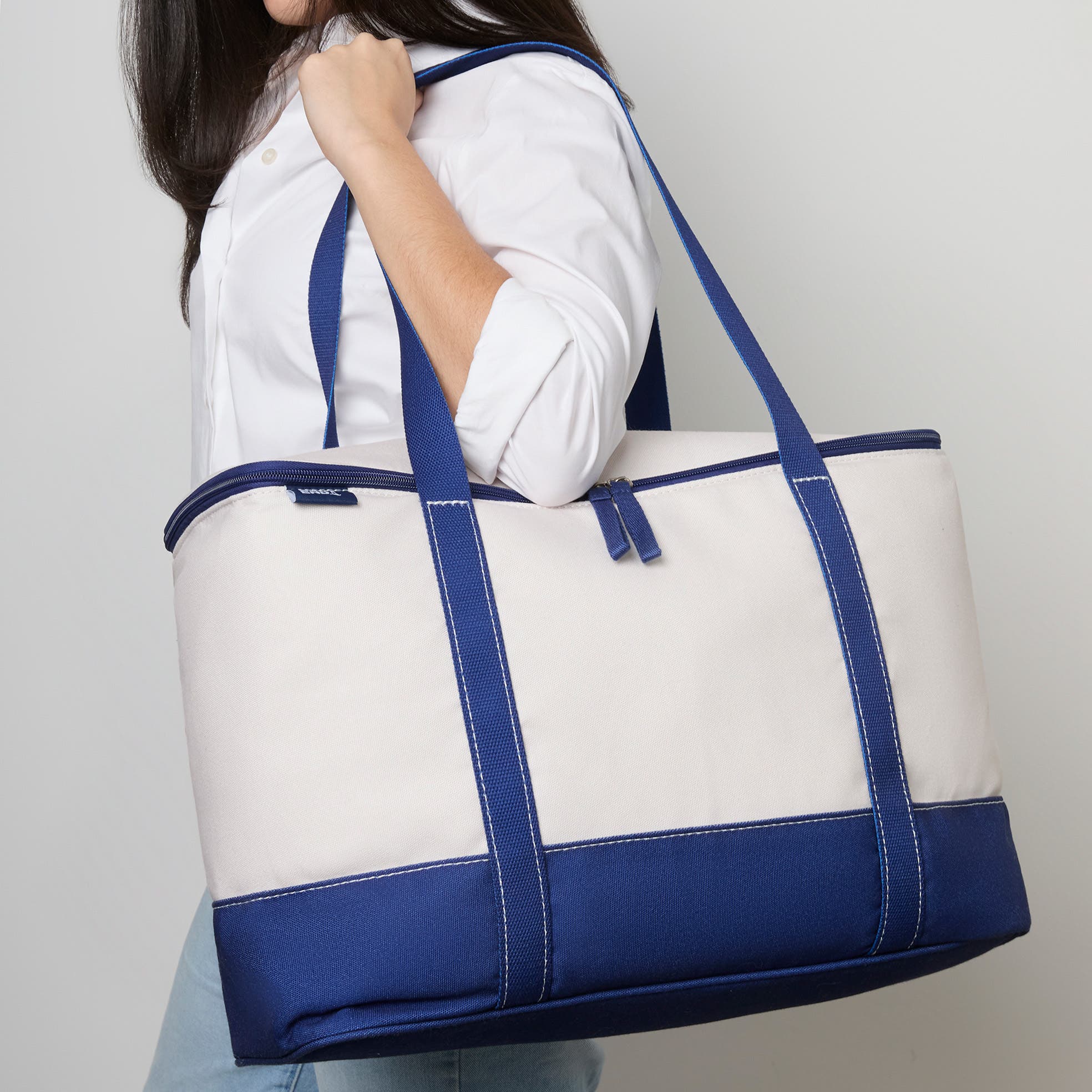 Lands' End Rectangular Large Cooler Bag Insulated 8 Gal, Canvas Soft Cooler with Tote Handles and Zip Closure, Alternate, color, Navy